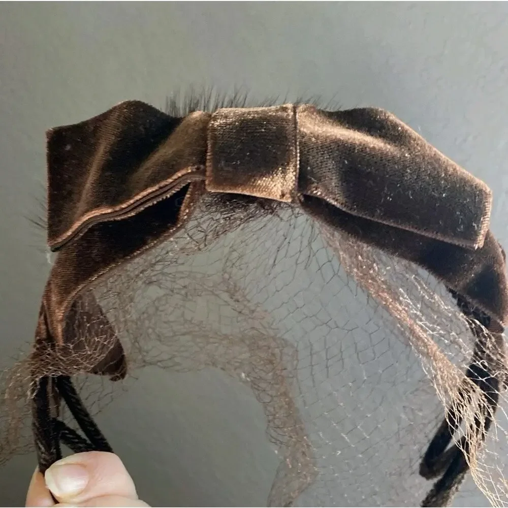 Vtg Mink Fur Brown Velvet Bow Veil Fascinator Hat Open Crown Pill Box 1940s
